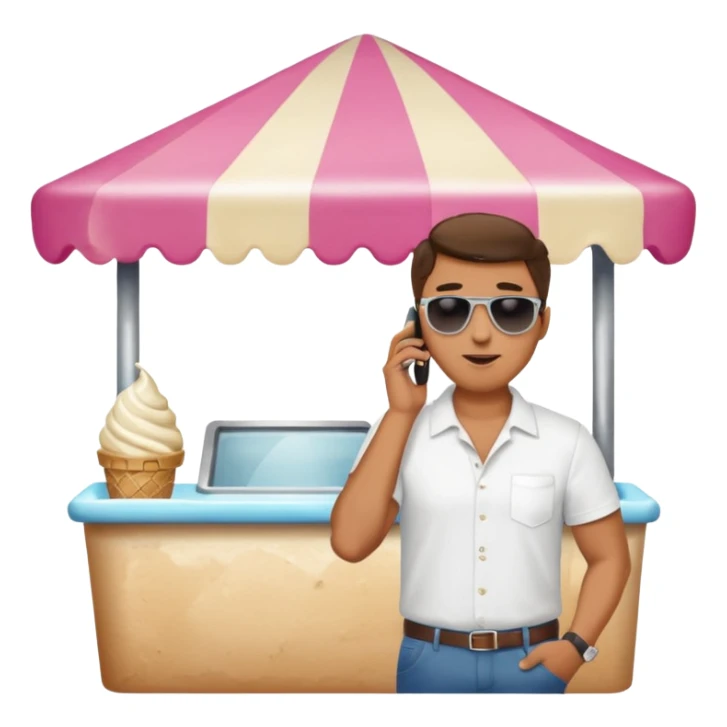 a man standing behind an ice cream stand. he is talking on his phone sticker