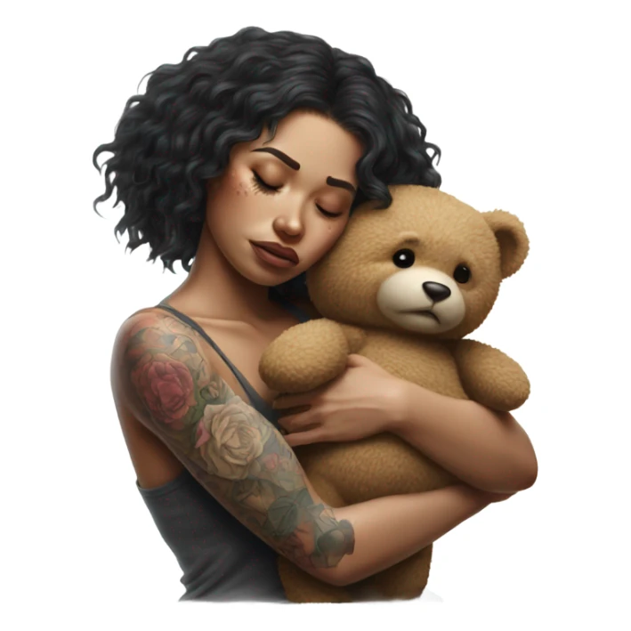 Hyper Realistic Beautiful tattooed woman crying lying hugging a Teddy bear sticker