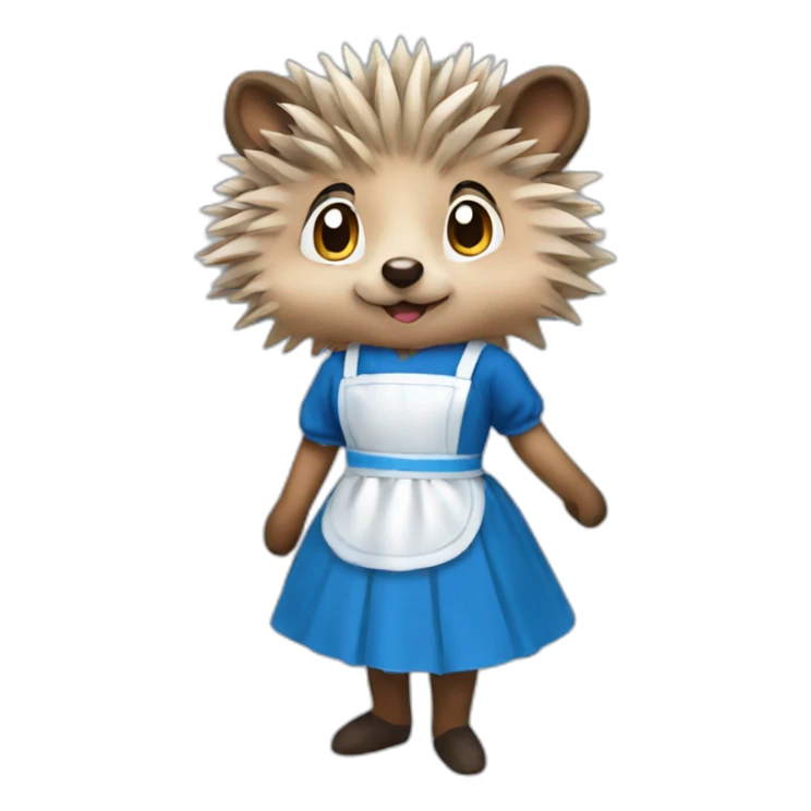 Hedgehog wearing a blue maid dress with a black bow and apron sticker