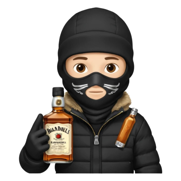 Junge mit Sturmhaube in der Rechten hand eine jacky flasche und schwarze winterjacke mit fell an der mütze 2 meter gross sticker