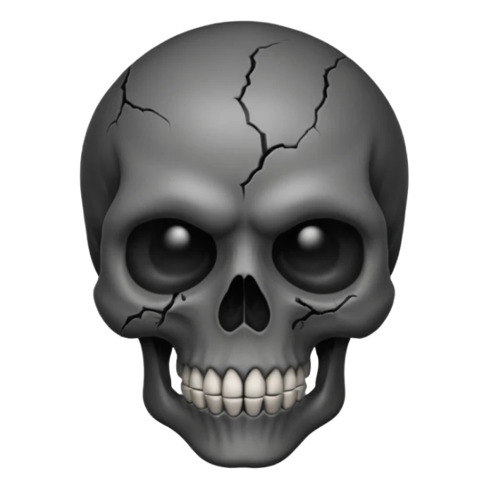 iOS style emoji, dark fantasy skull, cracks, black smoke from eyes, soft light, stylized sticker
