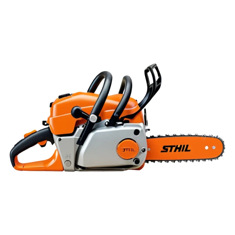Stihl MS500i chainsaw, side view, showing the Stihl logo clearly, realistic proportions but simplified details, bright orange and silver color scheme, clean design, suitable for emoji style sticker