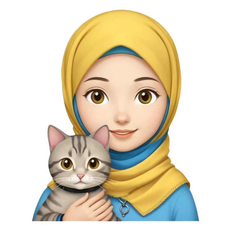 Asian White girl wearing yellow hijab holding a black grey tabby cat while smiling. The cat is wearing a blue collar sticker