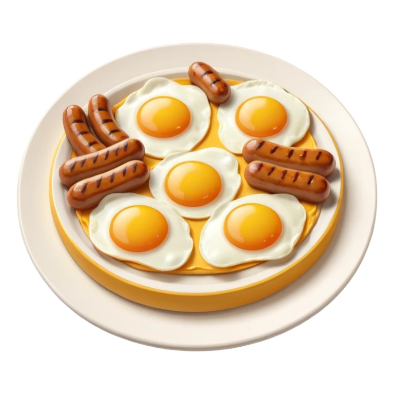 sausage and eggs object icon, fried eggs with sunny yolks, grilled sausages, warm breakfast vibe, delicious food presentation, 3D cartoon style, mobile game icon style, centered, clean background, no text, no watermark
 sticker
