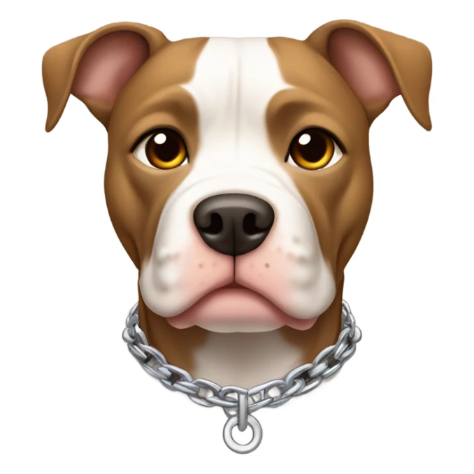 American pitbull terrier with a brown and tan striped coat and white down middle of his face and chest. He has a silver chain link collar sticker