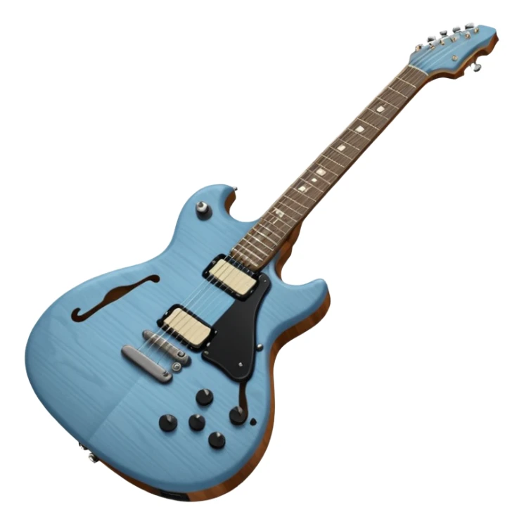 A gray-blue electric guitar with a black pick guard and only one volume knob  sticker