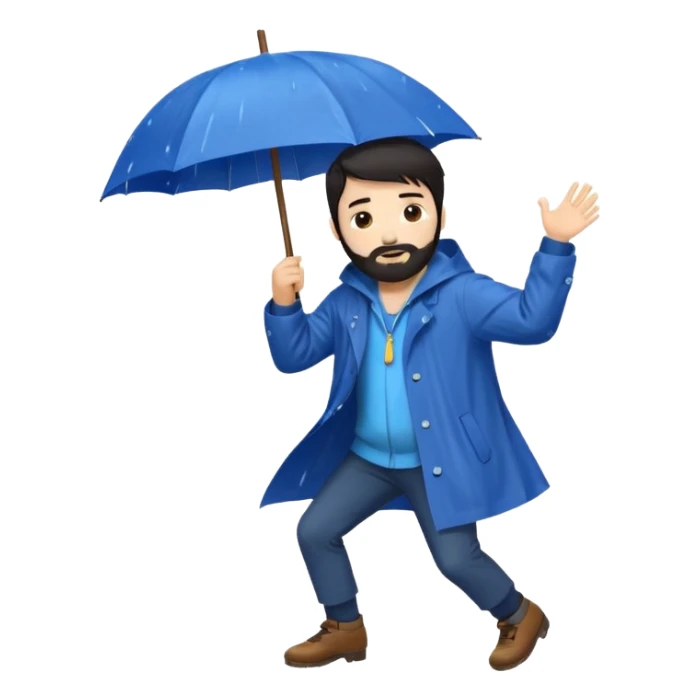 A dark-haired boy with a white beard dancing with an umbrella in the rain sticker