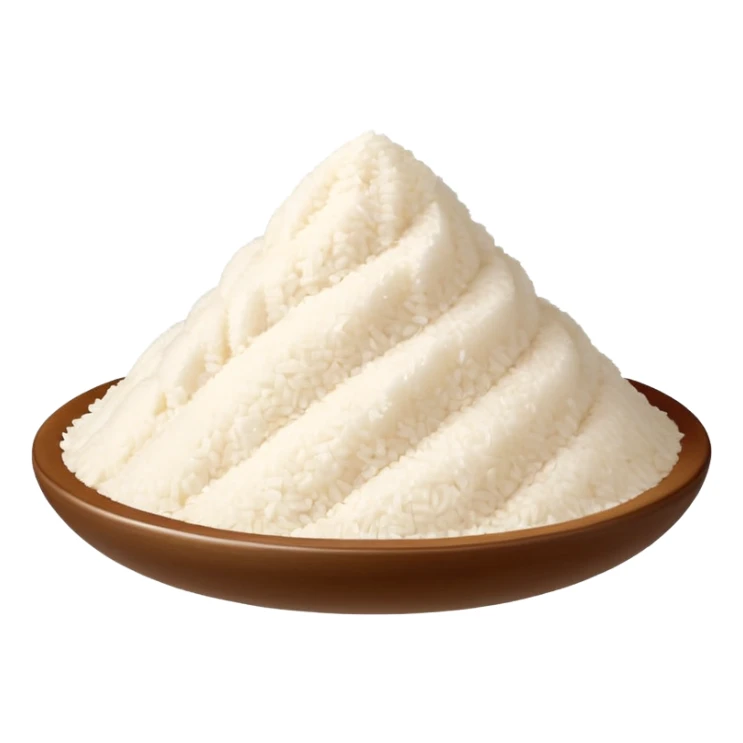 powdered rice cream, small soft mound or light scatter of fine ivory-colored rice powder, ultra-fine smooth texture like sifted flour, matte dry surface, natural edge variations, pale white to soft beige tone, clean 3D look, soft lighting, no packaging or extra elements, no faces, emoji scale sticker