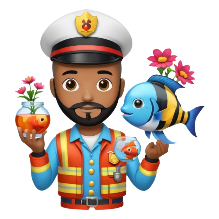 A MAN WITH BROWN SKIN AND A BLACK BEARD - WITH A BUZZ CUT AND SNAPBACK - IN A FIREMAN OUTFIT - HOLDING A FISHBOWL WITH A FIGHTERFISH - AND SOME FLOWERS - WITH CLOWN SHOES sticker