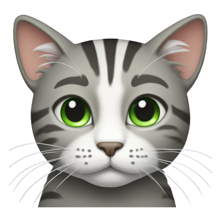 and a cat with large whiskers that has white and gray stripes on its head, and green eyes sticker