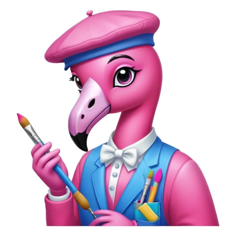 A flamingo dressed up as a painter in a Lisa Frank-style aesthetic sticker