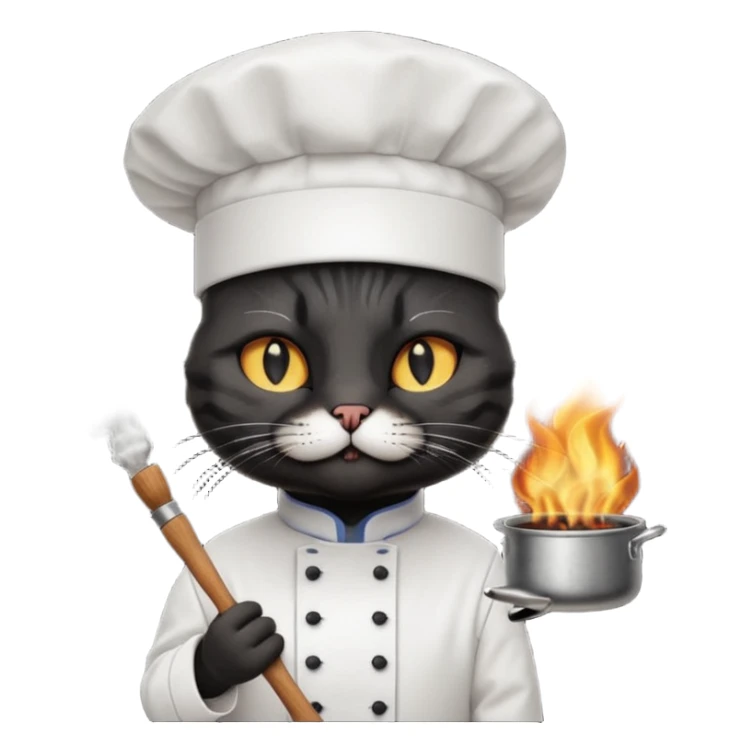 extra black chef cat wearing a tall white chef hat, burning hat sticker
