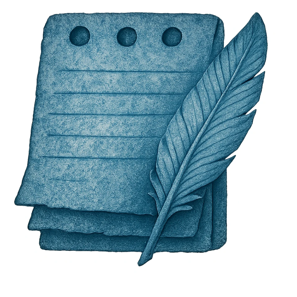 Windows 11 Notepad icon in the style of an ancient blue note, layered parchment, blue hues, weathered texture, and a decorative feather, no text, just the notepad look, option 8 sticker