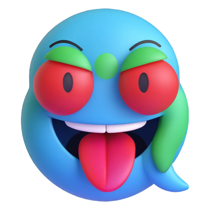 Create a blue smiley face laughing emoji in the same cartoon 3D style as the reference image, with green eyes, a big open mouth, and a red tongue. sticker