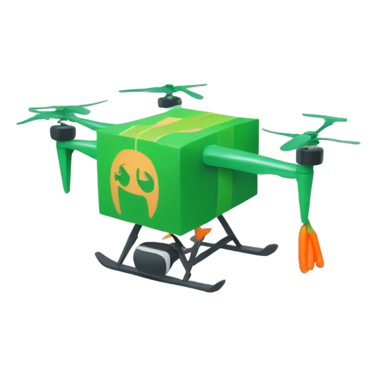 Drone carrying a green package with a carrot logo sticker