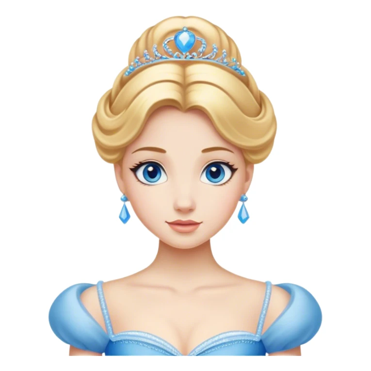 Cinematic Realistic Comical Cinderella Portrait, with every detail rendered realistically—from the soft, smooth texture of her fair skin to her artfully styled golden-blonde hair. Her bright blue eyes are wide with playful disbelief, and her expression carries a touch of whimsical humor while retaining elegant poise. Her classic ball gown, detailed with rich fabric textures and natural shadows, catches the light in a way that blends refined beauty with a hint of cheeky mischief, creating a striking, lifelike portrayal. sticker
