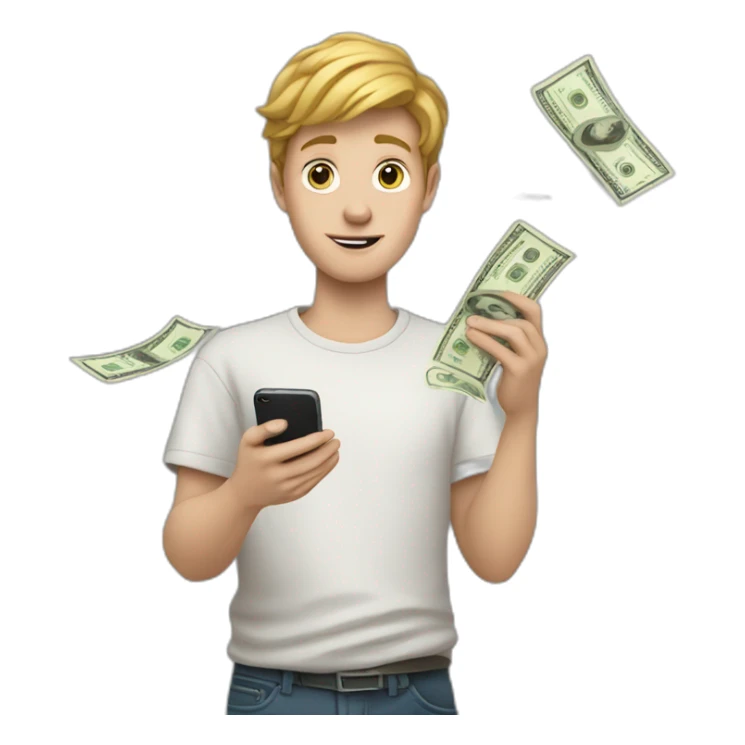 a white boy holds a phone in his hand from which money flies out sticker