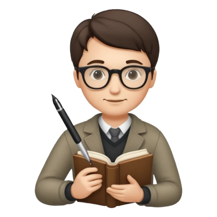 writer holding pen and book, wearing glasses sticker