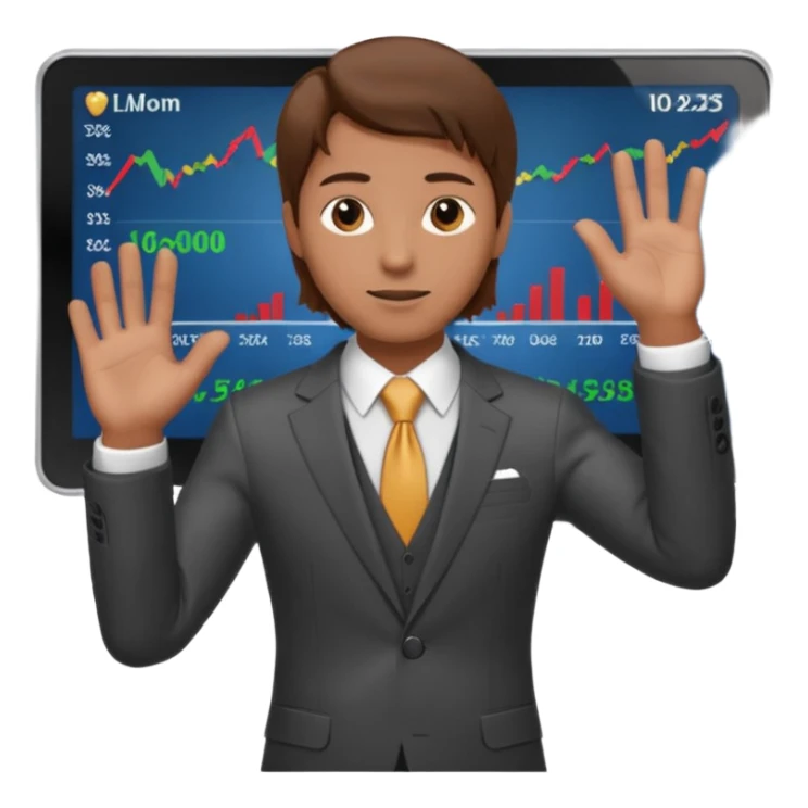 mach mir einen trader an der börse der tradet der so mit einer hand hinter sich deutet um anzug. Aber nur mit einer hand so leicht nach hinten oben und mit braunen haaren sticker