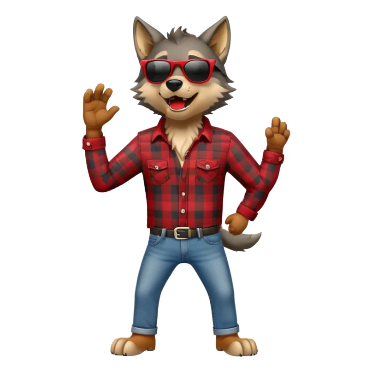 friendly anthropomorphised wolf in jeans and plaid shirt, wearing dark sunglasses, howling, upright pose sticker