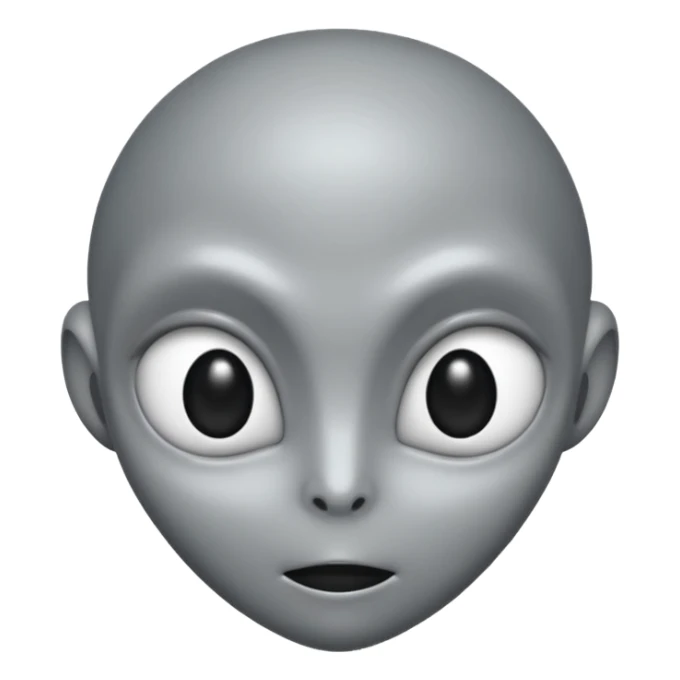 Grey alien head, almond-shaped eyes fully black with no white, slanted, pale grey skin, cartoon emoji, no background
 sticker