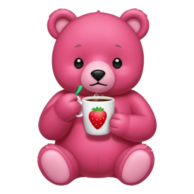 A pink bear is holding a strawberry and drinking coffee with a transparent background in a teenager hand-drawn, 2D, japanese charectors like, style sticker