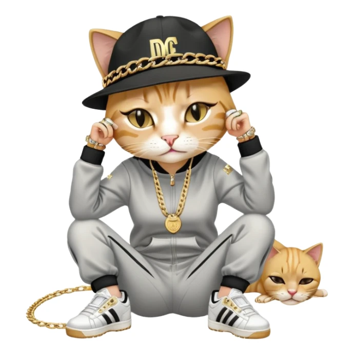 female cat lying horizontally on the ground, crying, dressed like Run DMC with tracksuit, fedora, Adidas shoes, lots of gold chains, rings, bracelets, earrings, no sunglasses sticker