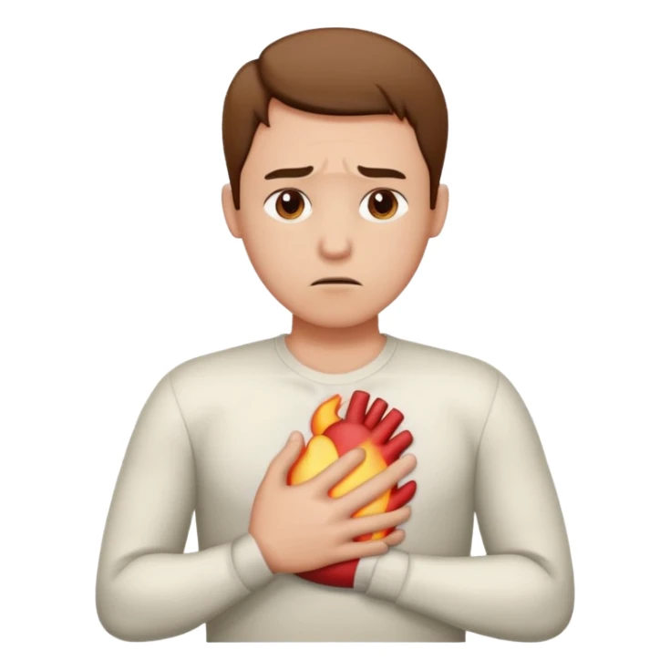 person with heartburn, uncomfortable expression, hand on chest, chest area highlighted sticker