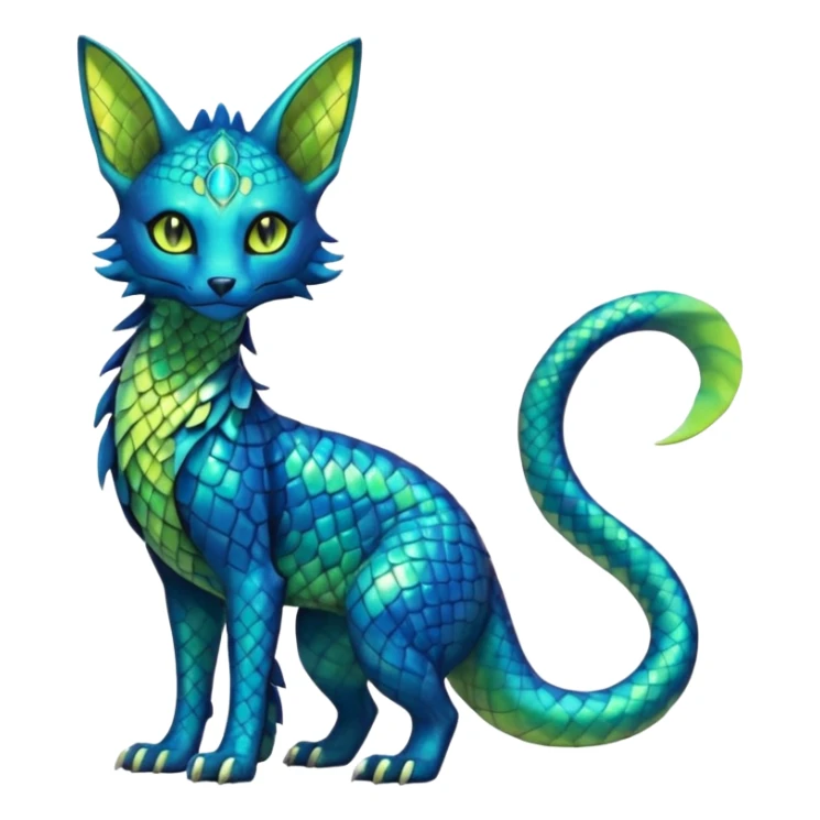 Colorful scaley scaled lime-green, turquoise, Bastet-Salandit-Umbreon-Gatomon-Vernid-Protogen-Digimon-Fakémon-Pokémon-creature  (full body) sticker