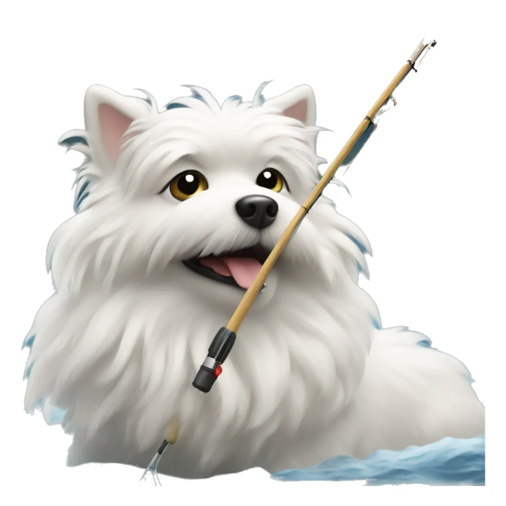 A white medium-fluffy small dog fishing at a lake sticker