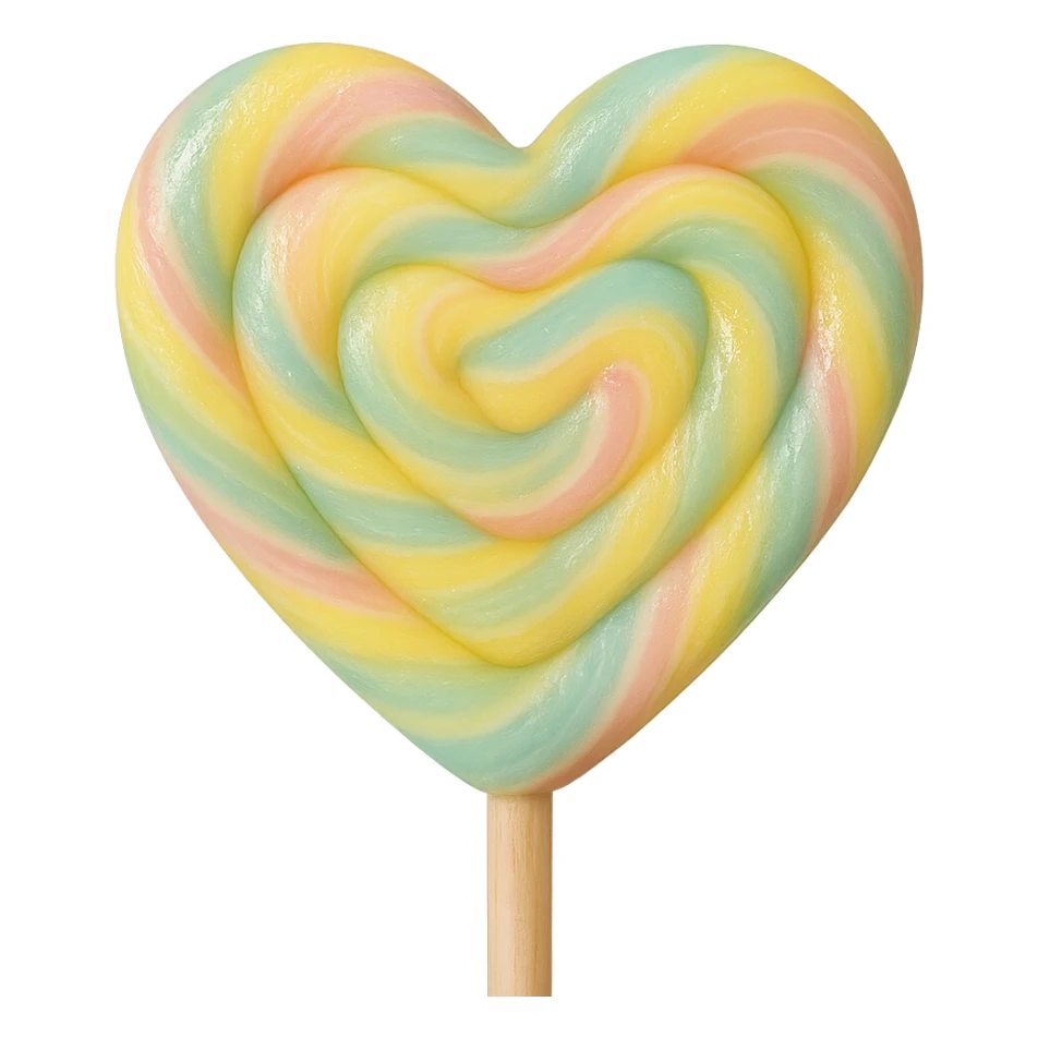 Change the lollipop to a heart shape, keep the pastel rainbow swirl, background transparent, realistic style. sticker