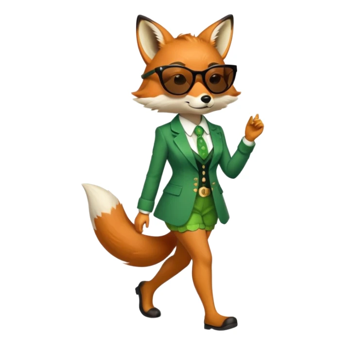 serious anthropomorphised female fox in stylish St. Patrick's Day outfit with sunglasses, walking with confidence, full-body view sticker