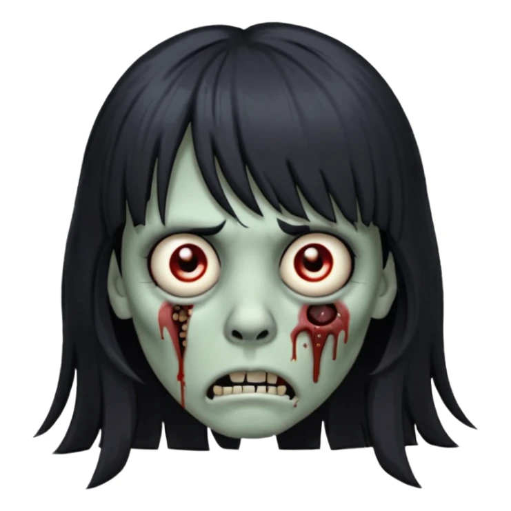 🧟‍♀️ faça igual esse emoji que coloquei só que com franja e piercing dos dois lado do nariz e no septo faça com cabelo longo preto e com a cara mais assustadora mais assustadora sem metade da bochecha  sticker