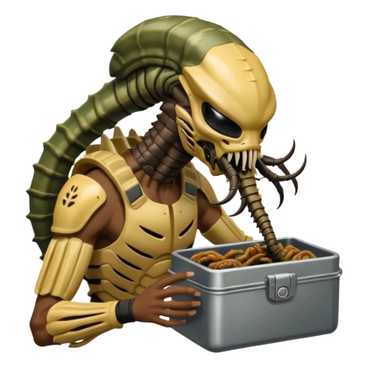 The Predator with full armor and mask eating an Alien facehugger from a lunchbox, the setting should be dark and real. sticker