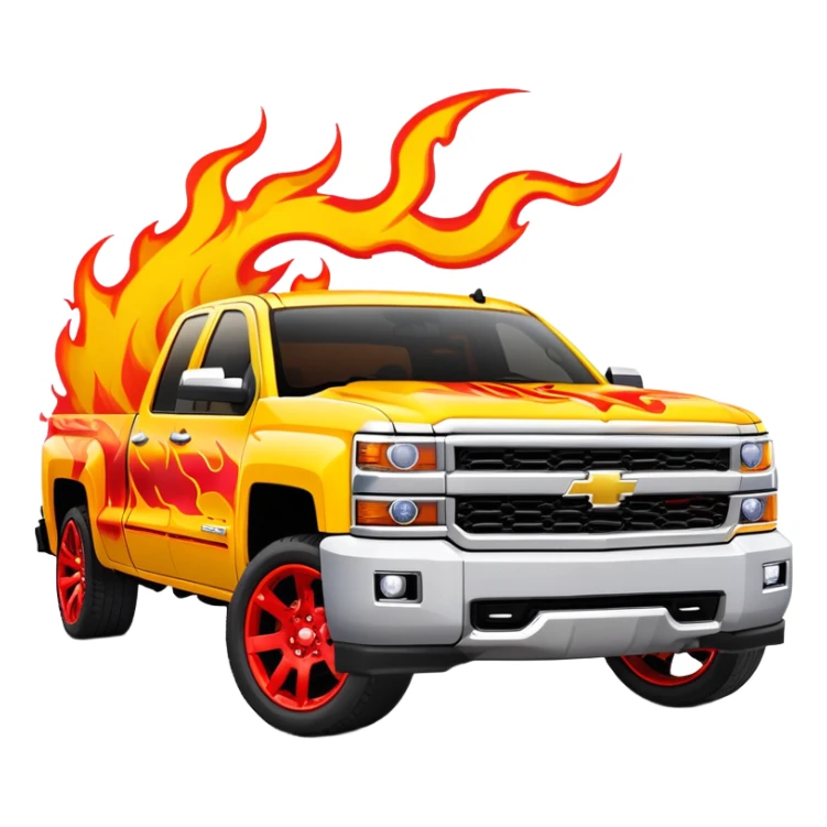Bright yellow Chevrolet Silverado with professionally airbrushed red flame artwork with orange highlights, custom paint job like in Kill Bill, 30-degree angle showing detailed flames, iOS emoji style sticker