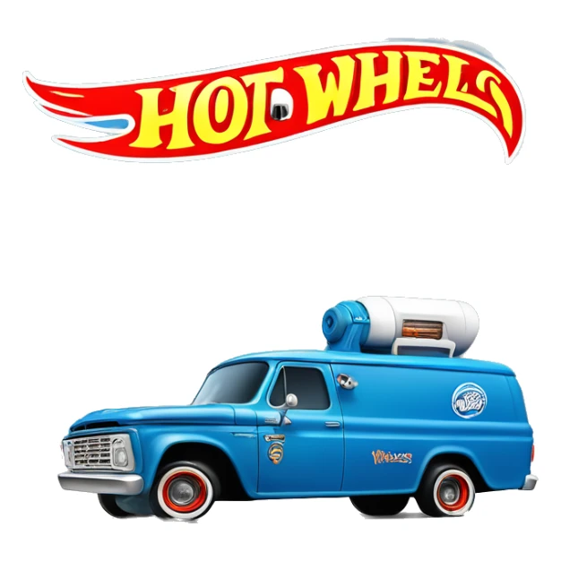 Side-on shot, Hot wheels, Hot rod, large panel van truck,1964 with exposed chrome exhaust pipes, blue, large wheels in back, logo “Stinky’s Diaper Cleaner” sticker