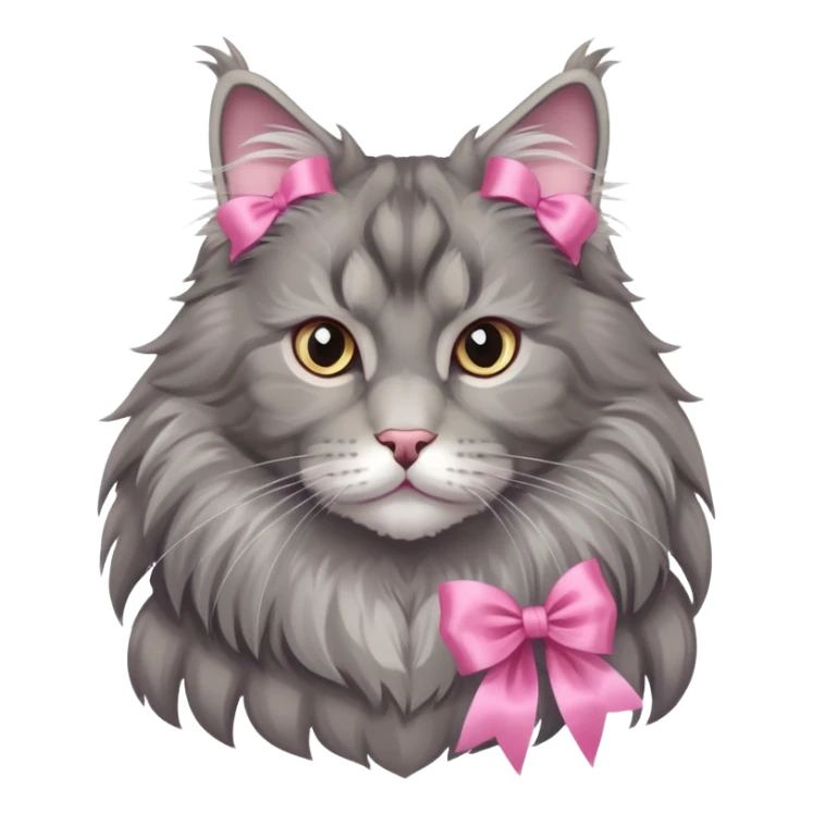 A grey Maine coon Neck Wearing a pink silk ribbon sticker