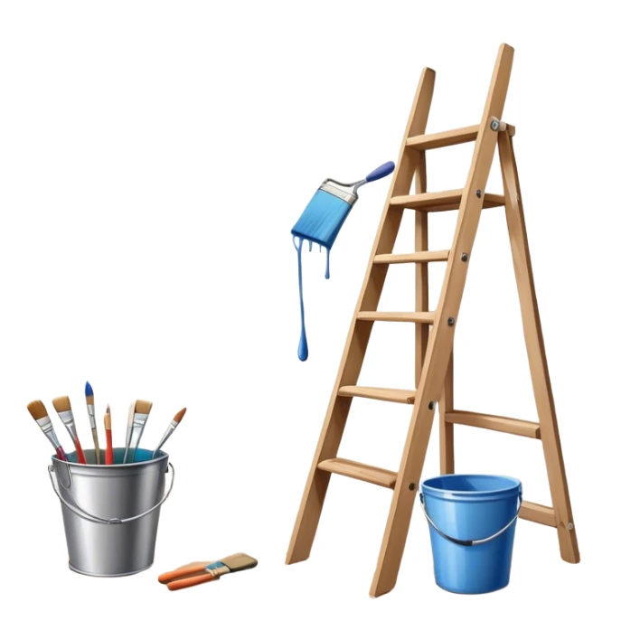 Create an icon that represents the hobby of wall painting. The design should feature a wall with a beautiful, frameless painting in progress. Include a paint bucket with brushes and rollers, as well as a wooden ladder, symbolizing the process of creating the artwork. The wall should have visible brush strokes, indicating the work in progress. The composition should be harmonious and balanced, reflecting both the artistic and practical aspects of wall painting. The background should be transparent. sticker