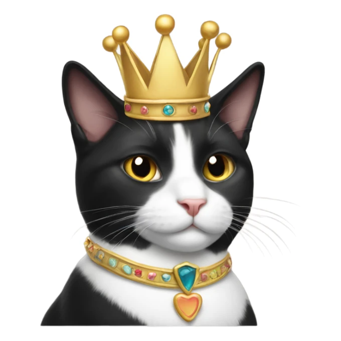 Tuxedo cat sitting and wearing a crown sticker