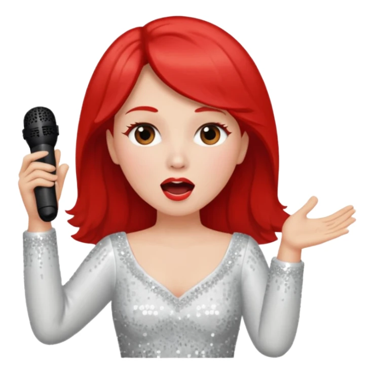 Head turned slightly to the left Singing with open eyes and red cheeks wearing long-sleeved sequined white dress  sticker