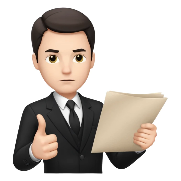 A white man in a black suit stands with a serious face and points at his hand holding papers. sticker