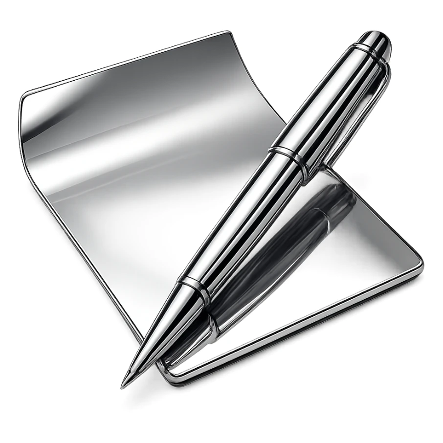 abstract chrome composition of a paper and pen, radiant and polished sticker