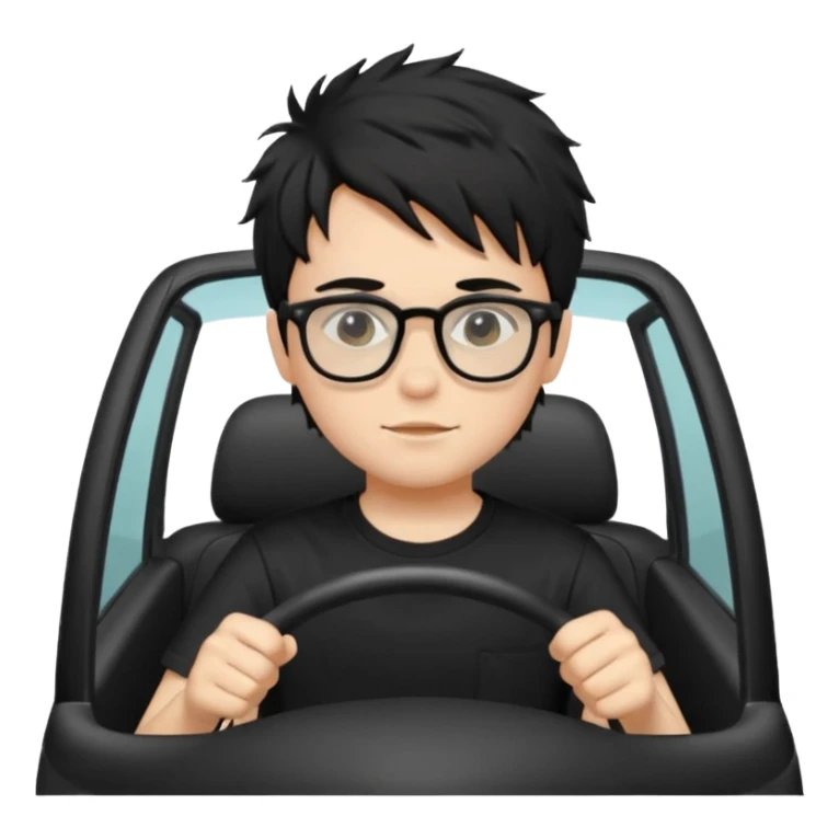 generate a pretty bratz fair skinned boy with black messy hair wearing a black tshirt driving. Glasses on.  sticker