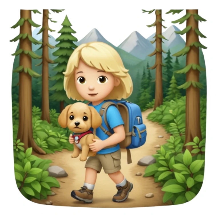 Small blond doodle. Doodle is wearing a puppy sized backpack. Puppy is hiking in th sticker