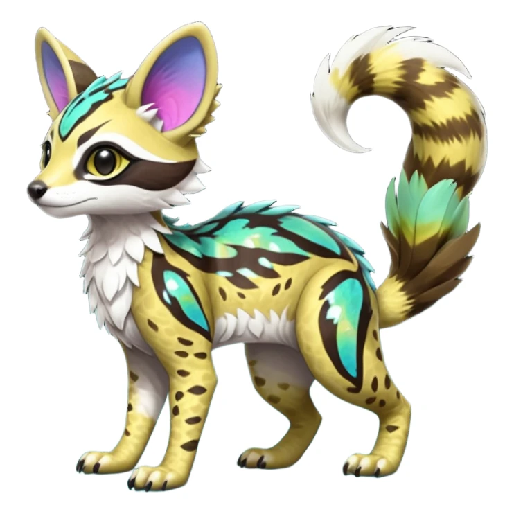 Rare realistic neon-colored iridescent shiny warm-colored lush tropical exotic cute epic pretty beautiful handsome gorgeous aesthetic colorful vibrant Vernid-Protogen-Primagen-Wickerbeast-Genet-Trico-species-Fakemon-hybrid-creature by LiLaiRa, beautiful intricate markings, full body sticker