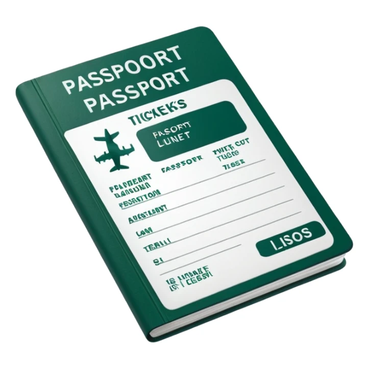 clean white passport with dark green elements and airline tickets sticking out, no emojis, emoji style sticker