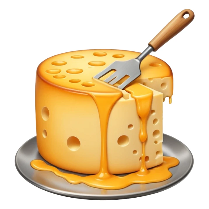 a half vertical  wheel of cheese being scraped with a metal spatula, melted cheese flowing, warm golden colors, modern emoji style, clean outlines, transparent background sticker