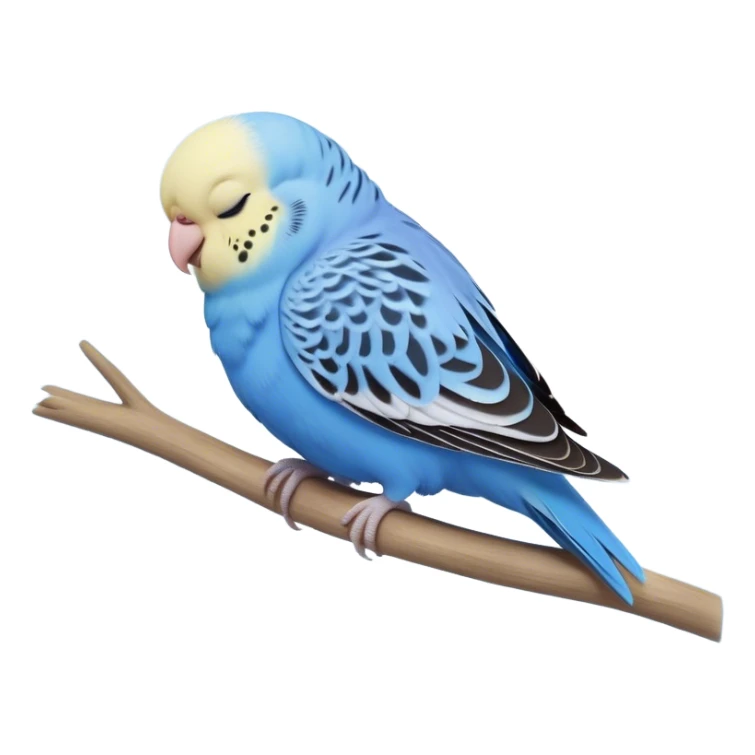 Meme-Worthy Cute Sleeping Blue Budgie Portrait Emoji, Head resting peacefully with a contented smile, showcasing a petite, delicate build and a luxuriously soft blue feathered fur, eyes shut in a serene nap, Simplified yet hilariously adorable features, highly detailed, glowing with a soft, drowsy light, high shine, relaxed and utterly lovable, stylized with an air of playful laziness, bright and heartwarming, soft glowing outline, capturing the essence of a comically sleepy budgie, so meme-worthy it feels like it could instantly become the next viral sensation of adorable slumber! sticker