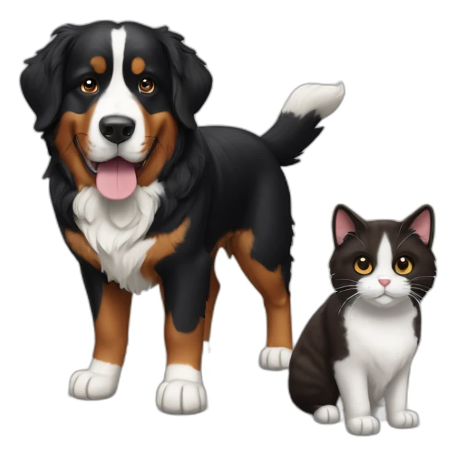 Bernese dog next to A brown and black cat without white sticker