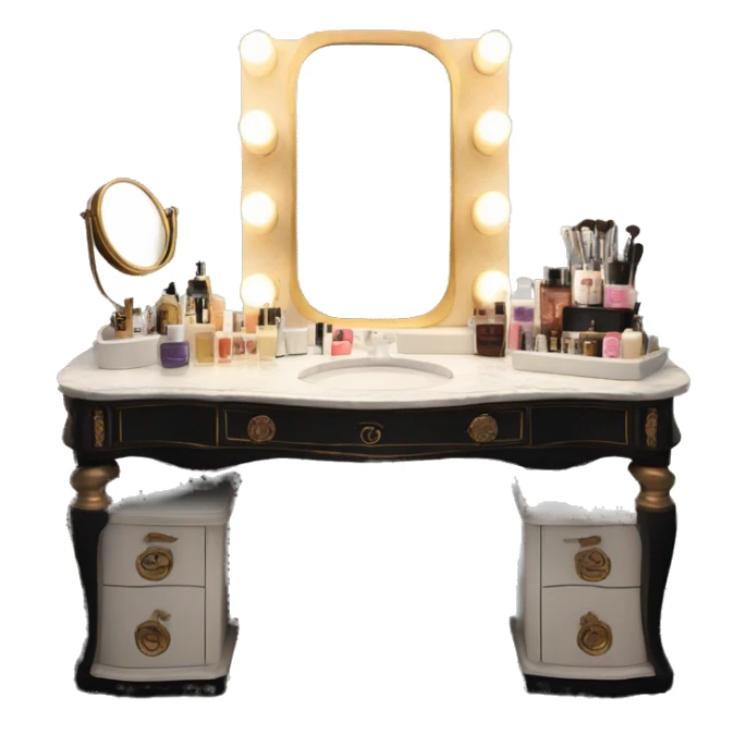 Antique Hollywood vanity with lights around mirror and black and white skincare laid out sticker